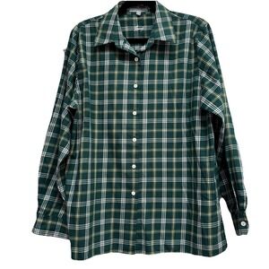 Foxcroft‎ Wrinkle Free Size 14 Classic Fit Green Creamy White Plaid Shirt Preppy